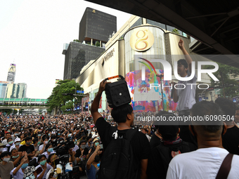 Pro-democracy protesters gather at Ratchaprasong interjection central of Bangkok near Royal Thai Police Headquarter on October 15, 2020 in B...