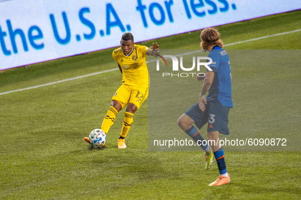 Columbus midfielder, Luis Diaz, kicks the ball during an MLS soccer match between FC Cincinnati and the Columbus Crew at Nippert Stadium, We...