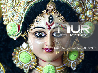 Artist completed an idol of Goddess Durga at a worshop ahead of Durga Puja festival, in Guwahati, Assam, India on Thursday, 15 October 2020....