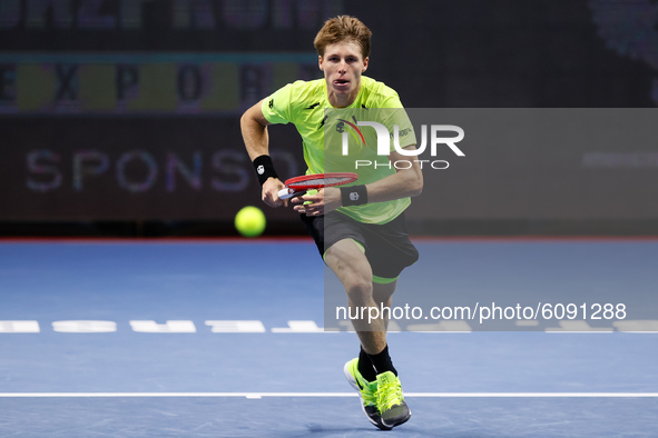 Ilya Ivashko of Belarus in action during his ATP St. Petersburg Open 2020 international tennis tournament match against Denis Shapovalov of...