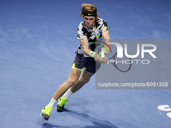 Andrey Rublev of Russia returns the ball to Ugo Humbert of France during their ATP St. Petersburg Open 2020 international tennis tournament...
