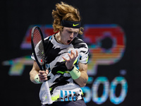 Andrey Rublev of Russia reacts during his ATP St. Petersburg Open 2020 international tennis tournament match against Ugo Humbert of France o...