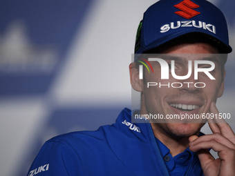 Joan Mir (36) of Spain and Team Suzuki Ecstar during the press conference ahead of the MotoGP of Aragon at Motorland Aragon Circuit on Octob...