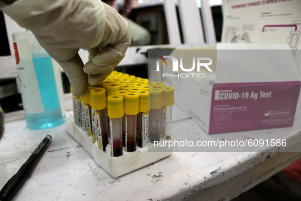A health worker arranges collected blood samples from individuals for use in the 4th round of serological survey testing for coronavirus, at...