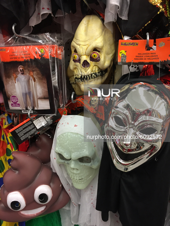 Halloween masks at a store in Toronto, Ontario, Canada. Torontonians have been advised to celebrate Halloween in their homes and avoid trick...