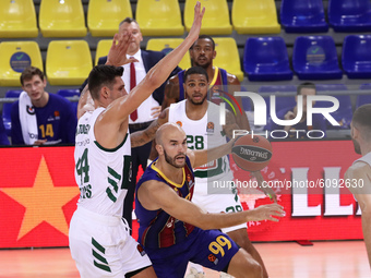 Nick Calathes and Dinos Mitoglou during the match between FC Barcelona and Panathinaikos BC, corresponding to the week 4 of the Euroleague,...