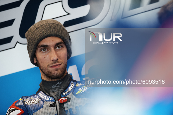 Alex Rins (42) of Spain and Team Suzuki Ecstar sitting inside his box during the free practice for the MotoGP of Aragon at Motorland Aragon...