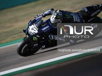 Maverick Vinales (12) of Spain and Monster Energy Yamaha MotoGP rounds the bend during the free practice for the MotoGP of Aragon at Motorla...