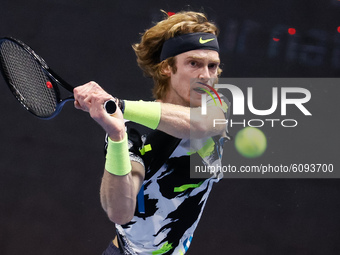 Andrey Rublev of Russia returns the ball to Cameron Norrie of United States during their ATP St. Petersburg Open 2020 international tennis t...