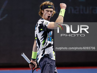 Andrey Rublev of Russia celebrates during his ATP St. Petersburg Open 2020 international tennis tournament quarter-final match against Camer...