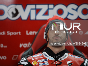 Andrea Dovizioso (4) of Italy and Ducati Teamsitting inside his box during the free practice for the MotoGP of Aragon at Motorland Aragon Ci...