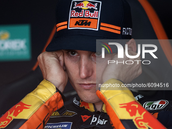 Pol Espargaro (44) of Spain and Red Bull KTM Factory Racing KTM sitting inside his box during the free practice for the MotoGP of Aragon at...