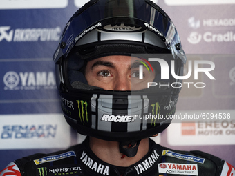 Maverick Vinales (12) of Spain and Monster Energy Yamaha MotoGP sitting inside his box during the free practice for the MotoGP of Aragon at...