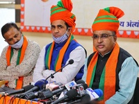 Jaipur: BJP Minority Board National President Hazi Jamal Siddiqui during a press conference ahead the upcoming local bodies elections at par...
