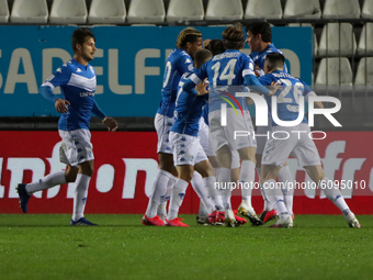 Emanuele Ndoj celebrate the goal with the team mates during the match between Brescia and Lecce for the Serie B at Stadio Mario Rigamonti, B...