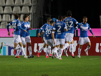 Emanuele Ndoj celebrate the goal with the team mates during the match between Brescia and Lecce for the Serie B at Stadio Mario Rigamonti, B...