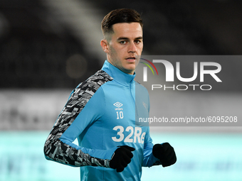 
Tom Lawrence of Derby County warms up ahead of kick-off during the Sky Bet Championship match between Derby County and Watford at the Pride...