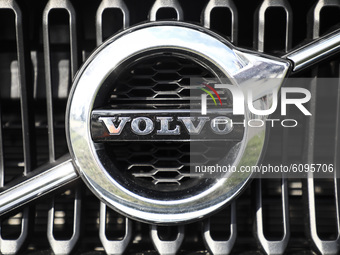 Logo of Volvo car is pictured outdoors in Krakow, Poland, on October 15th, 2020.   (