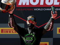 British Jonathan Rea of Kawasaki Racing Team Worldsbk celebrates after winning the sixth World Title in a row during the FIM Superbike World...