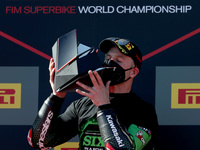 British Jonathan Rea of Kawasaki Racing Team Worldsbk celebrates with the trophy after winning the sixth World Title in a row during the FIM...