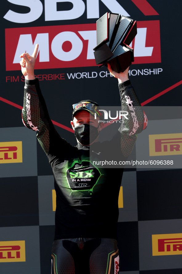 British Jonathan Rea of Kawasaki Racing Team Worldsbk celebrates with the trophy after winning the sixth World Title in a row during the FIM...