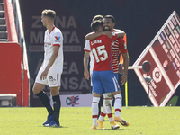 Yangel Herrera and Carlos Neva, of Granada CF , celebrates the victory during the La Liga match between Granada CF and Sevilla FC at Nuevo L...