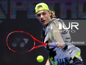 Denis Shapovalov of Canada returns the ball to Andrey Rublev of Russia during their ATP St. Petersburg Open 2020 international tennis tourna...