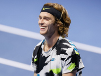 Andrey Rublev of Russia smiles during his ATP St. Petersburg Open 2020 international tennis tournament semi-final match against Denis Shapov...