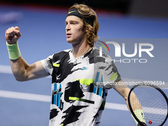 Andrey Rublev of Russia celebrates during his ATP St. Petersburg Open 2020 international tennis tournament semi-final match against Denis Sh...