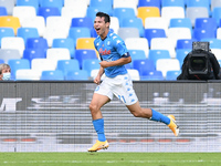 Hirving Lozano of SSC Napoli celebrates scoring first goal during the Serie A match between SSC Napoli and Atalanta BC at Stadio San Paolo,...