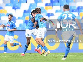 Hirving Lozano of SSC Napoli celebrates with Victor Osimhen of SSC Napoli scoring second goal during the Serie A match between SSC Napoli an...
