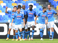 Hirving Lozano of SSC Napoli celebrates with his teammates scoring second goal during the Serie A match between SSC Napoli and Atalanta BC a...