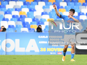 Hirving Lozano of SSC Napoli celebrates scoring second goal during the Serie A match between SSC Napoli and Atalanta BC at Stadio San Paolo,...