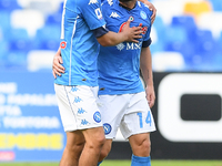 Hirving Lozano of SSC Napoli celebrates with Dries Mertens of SSC Napoli scoring second goal during the Serie A match between SSC Napoli and...