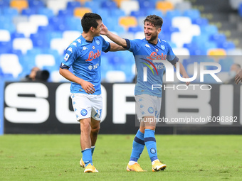 Hirving Lozano of SSC Napoli celebrates with Dries Mertens of SSC Napoli scoring second goal during the Serie A match between SSC Napoli and...