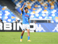 Hirving Lozano of SSC Napoli celebrates scoring second goal during the Serie A match between SSC Napoli and Atalanta BC at Stadio San Paolo,...
