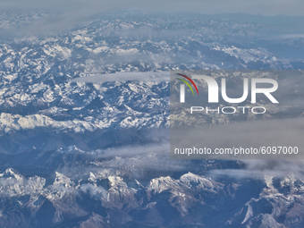 Aerial view of snow covered mountains near Spain, Europe on December 26, 2015. (