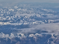 Aerial view of snow covered mountains near Spain, Europe on December 26, 2015. (