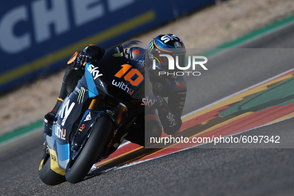 Luca Marini (10) of Italy and Sky Racing Team VR46 Kalex during the qualifying for the MotoGP of Aragon at Motorland Aragon Circuit on Octob...