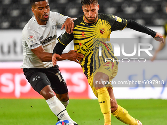 
Nathan Byrne of Derby County battles with Kiko Femenia of Watford during the Sky Bet Championship match between Derby County and Watford at...