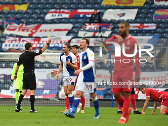 Sam Gallagher of Blackburn Rovers is shown a yellow card  during the Sky Bet Championship match between Blackburn Rovers and Nottingham Fore...