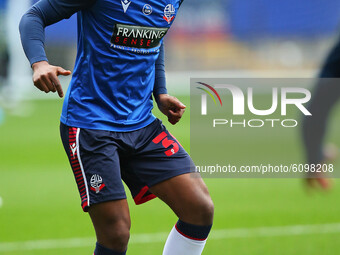  New Bolton signing Peter Kioso warming up during the Sky Bet League 2 match between Bolton Wanderers and Oldham Athletic at the Reebok Stad...