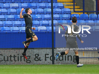  Oldham’s Ben Garrity celebrates making it 1-0 during the Sky Bet League 2 match between Bolton Wanderers and Oldham Athletic at the Reebok...