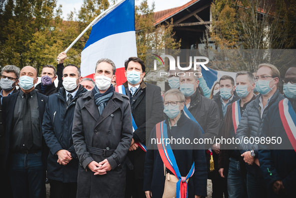 Elected representatives in front of the Bois d Aulne school, the day after the assassination of teacher Samuel Paty in Conflans-Sainte-Honor...