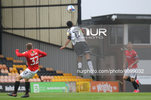 Cristian Montao of Port Vale heads in a shot during the Sky Bet League 2 match between Port Vale and Salford City at Vale Park, Burslem, Eng...