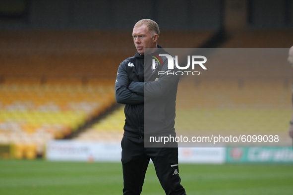 Salford interim manager Paul Scholes in the dugout during of the Sky Bet League 2 match between Port Vale and Salford City at Vale Park, Bur...