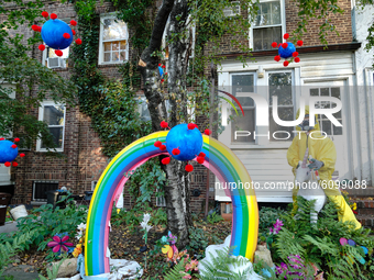 A view of a Covid-19 themed Halloween decorations  in Sunnyside, Queens, New York on October 15, 2020. (