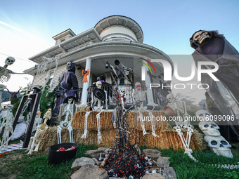 A view of Halloween decorations in Whitestone, Queens, New York on October 15, 2020. (