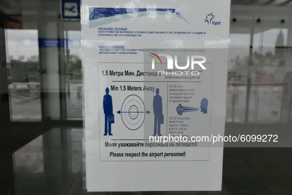 A view of COVID-19 related warning messages at the entrance to the departures hall in Burgas Airport.
Passenger numbers at Bulgaria's coasta...