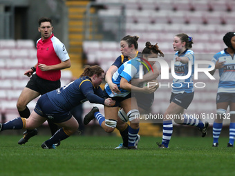 Maelle Picut of Darlington Mowden Park Sharks and Laura Keates and Amelia Buckland-Hurry of Worcester Warriors Women during the WOMEN'S ALLI...